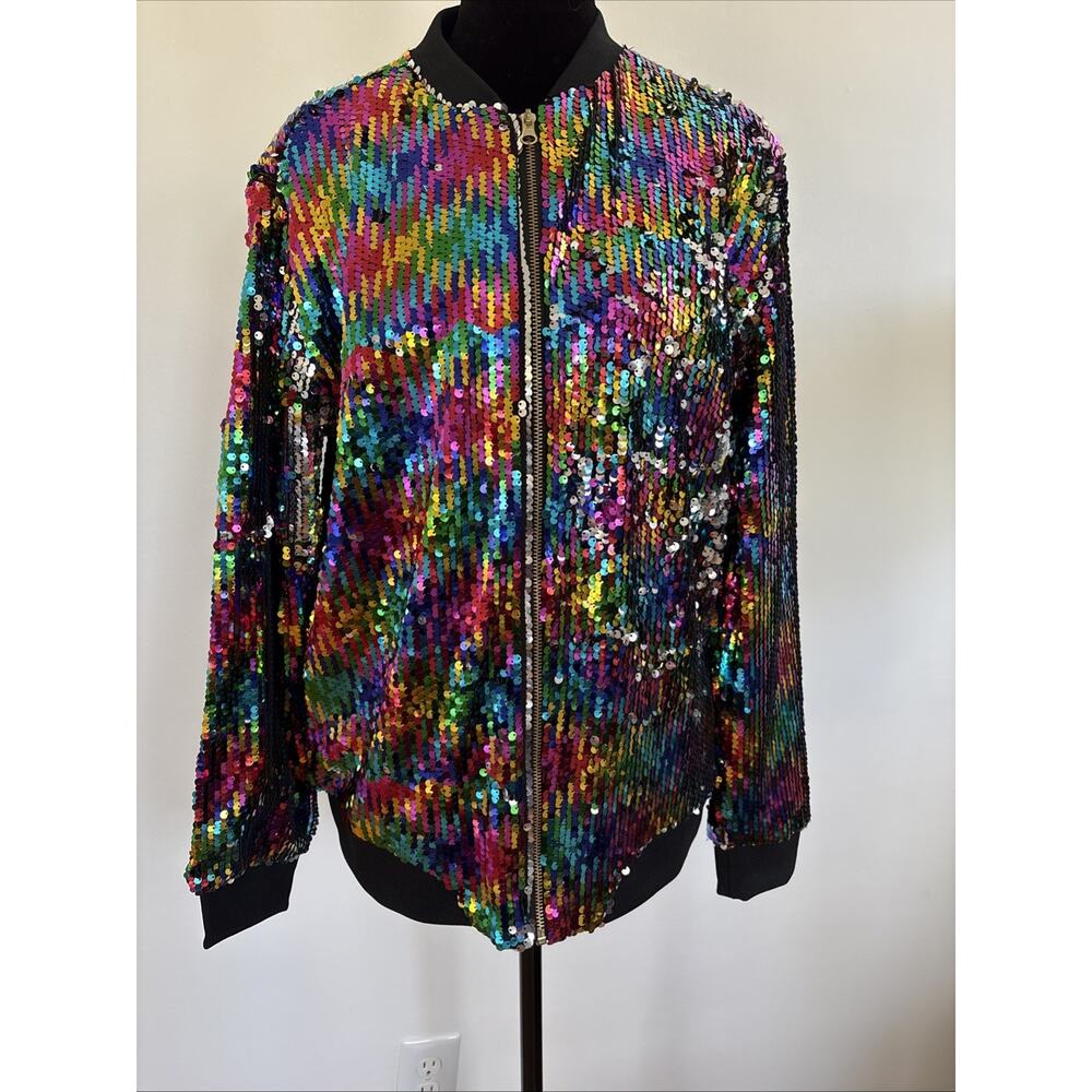 Cresay Womens Rainbow Sequin Bomber Jacket Festival Raves Disco Glam | L